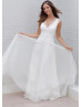 Ivory Eyelash Lace Chiffon V Neckline Floor Length Wedding Dress